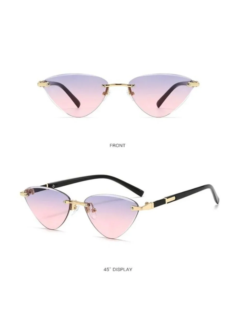 Cat Eye Retro Triangle Gradient Purple to Pink Lens Sunglasses Gold & Black Arm
